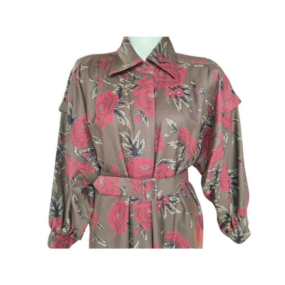 Rickie Freeman Teri Jon Belted 100% Wool Dress Women’s 14 Red Rose Print Brown - Picture 5 of 16